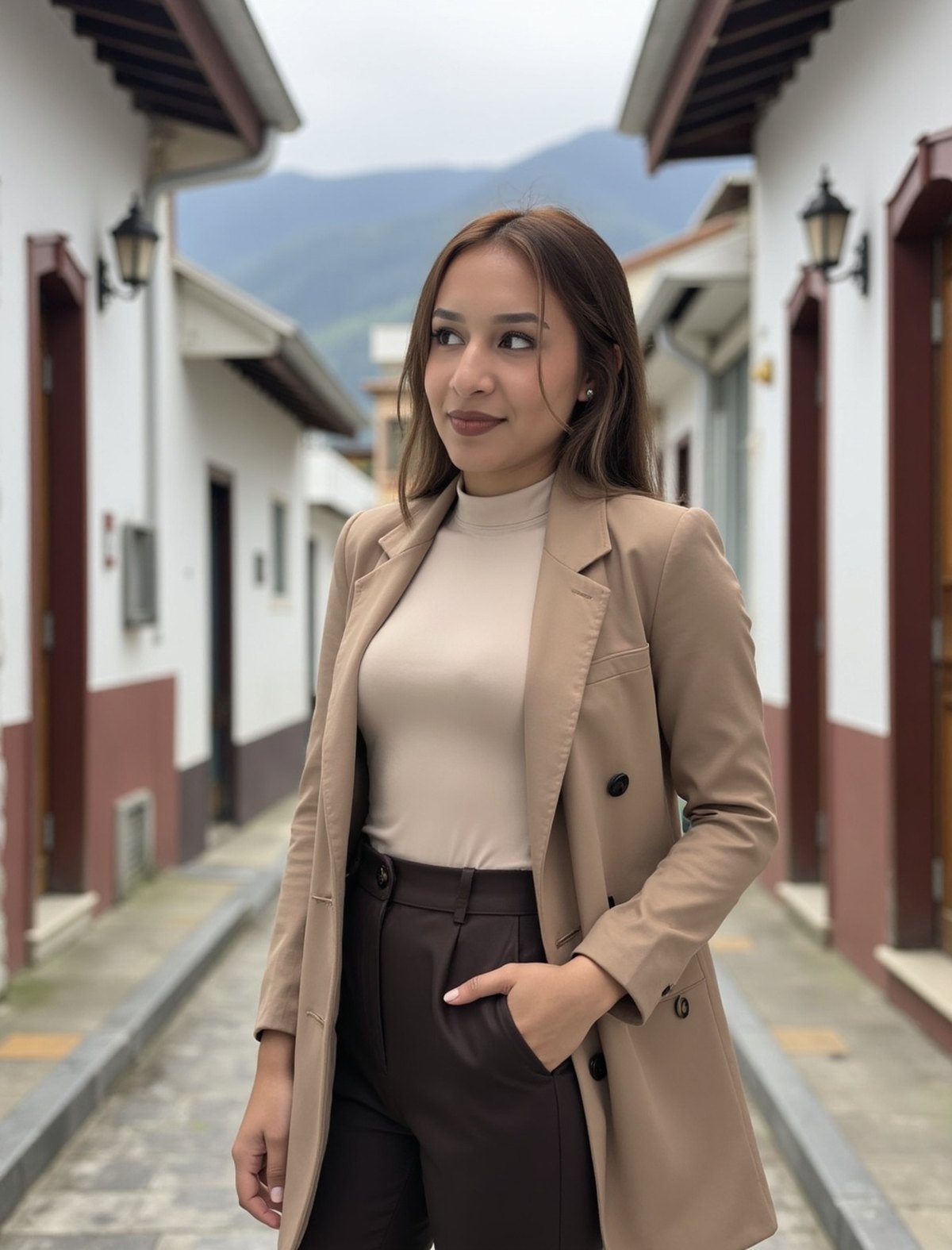 Liz con un saco de Atelier en una calle de Pasto