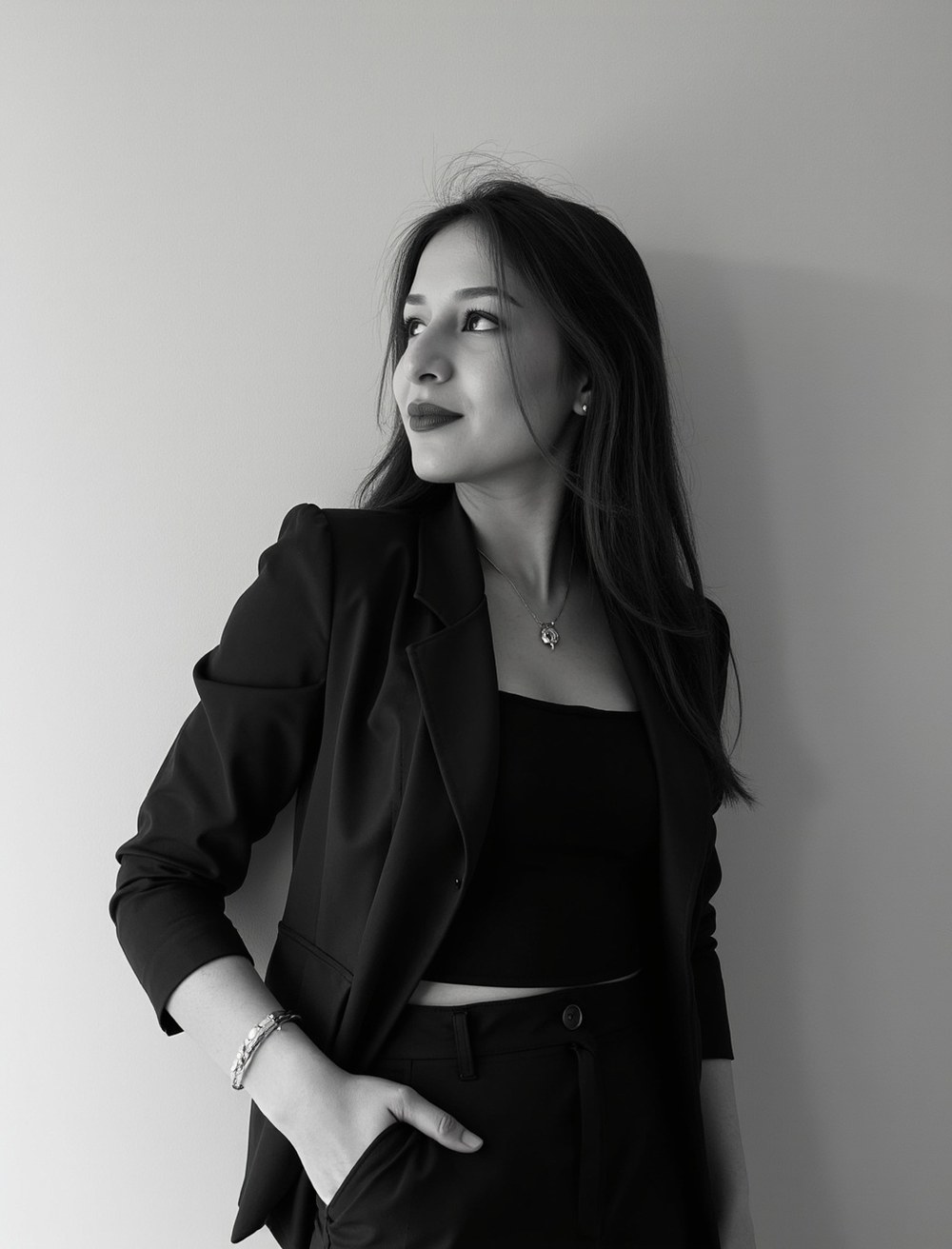Liz en blanco y negro con un conjunto sastre de Atelier